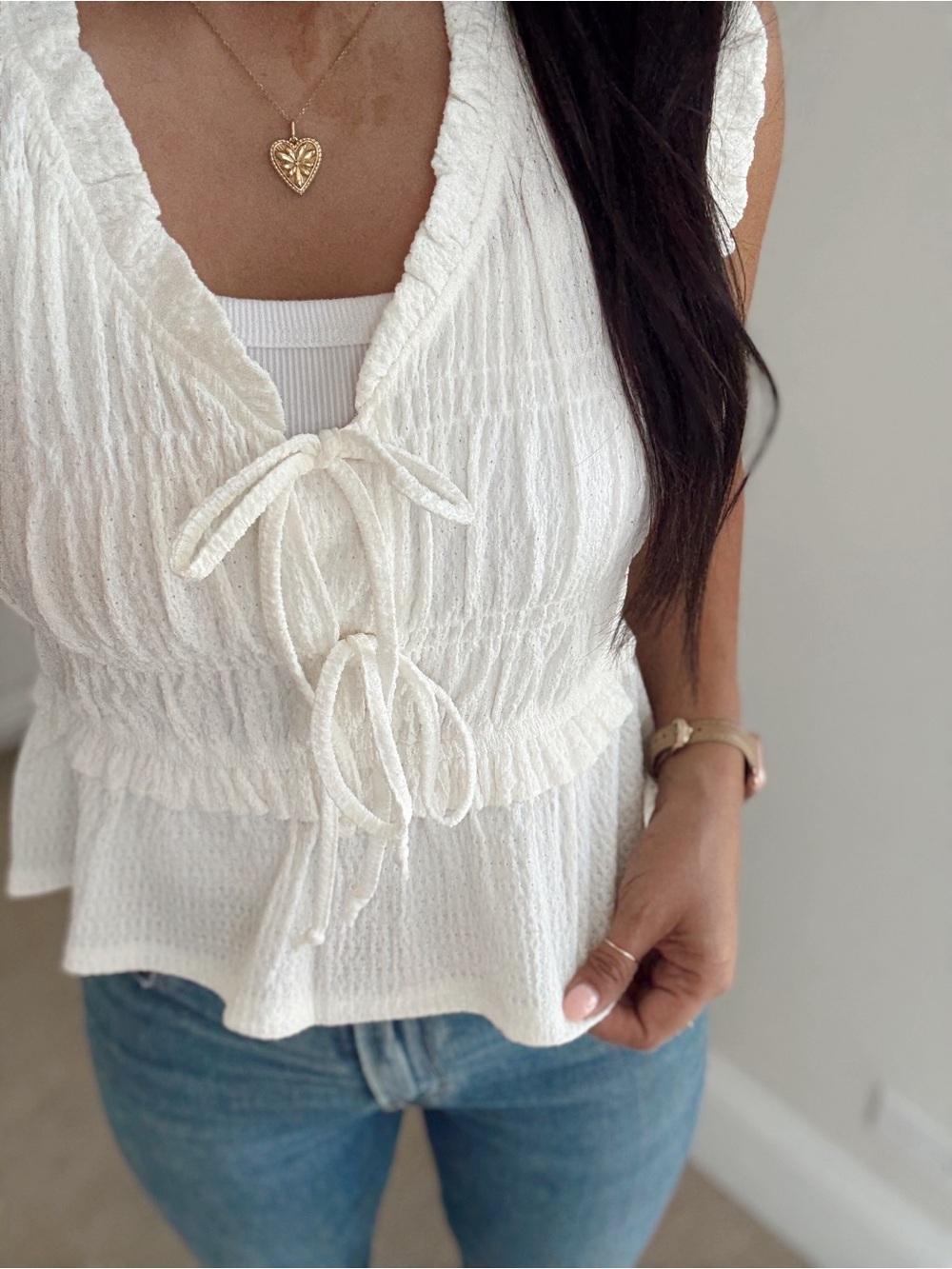 White Tie-Front Textured Peplum Camisole